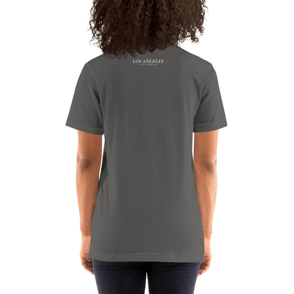 LAFS Alumni Building on Front Pocket with Logo on Back Unisex T-shirt