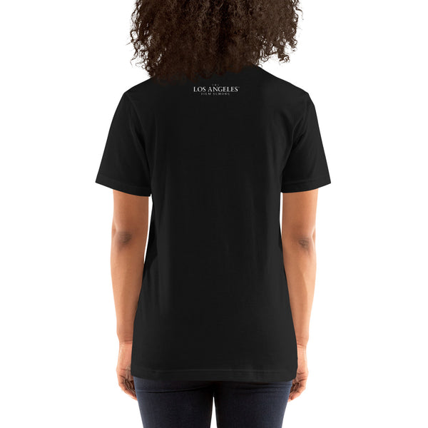 LAFS Alumni Building on Front Pocket with Logo on Back Unisex T-shirt