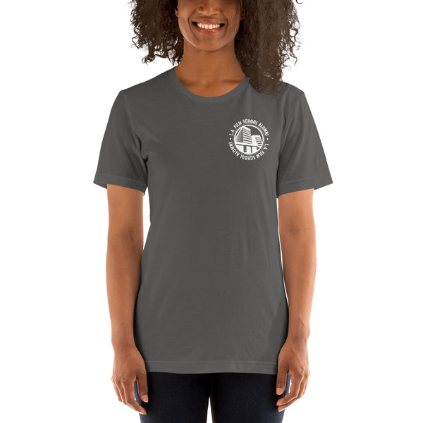 LAFS Alumni Building on Front Pocket with Logo on Back Unisex T-shirt