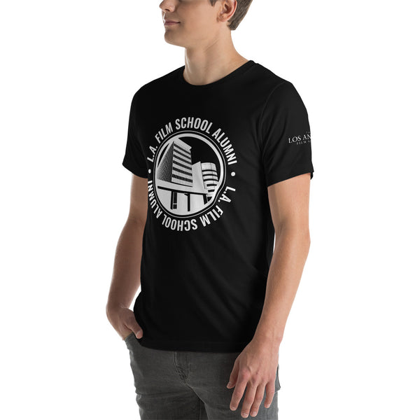 LAFS Alumni Building on Front with Logo on Sleeve Unisex T-shirt