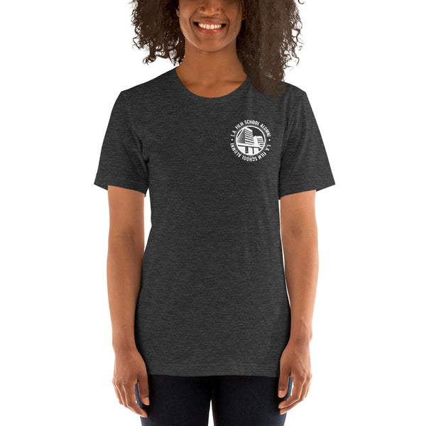 LAFS Alumni Building on Front Pocket with Logo on Back Unisex T-shirt