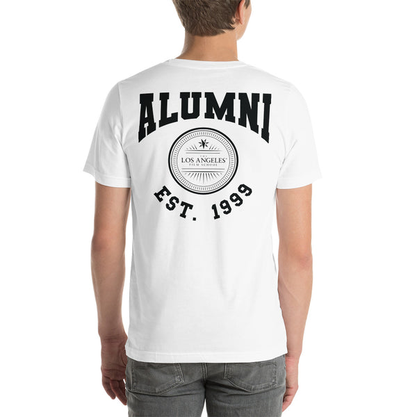 Alumni Seal Est. on back with front LAFS logo Unisex t-shirt